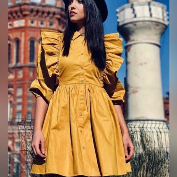 Zara Warm Yellow Short Shirt Dress With Lapels Ruffle Detail Collar, size XS - Picture 2 of 8